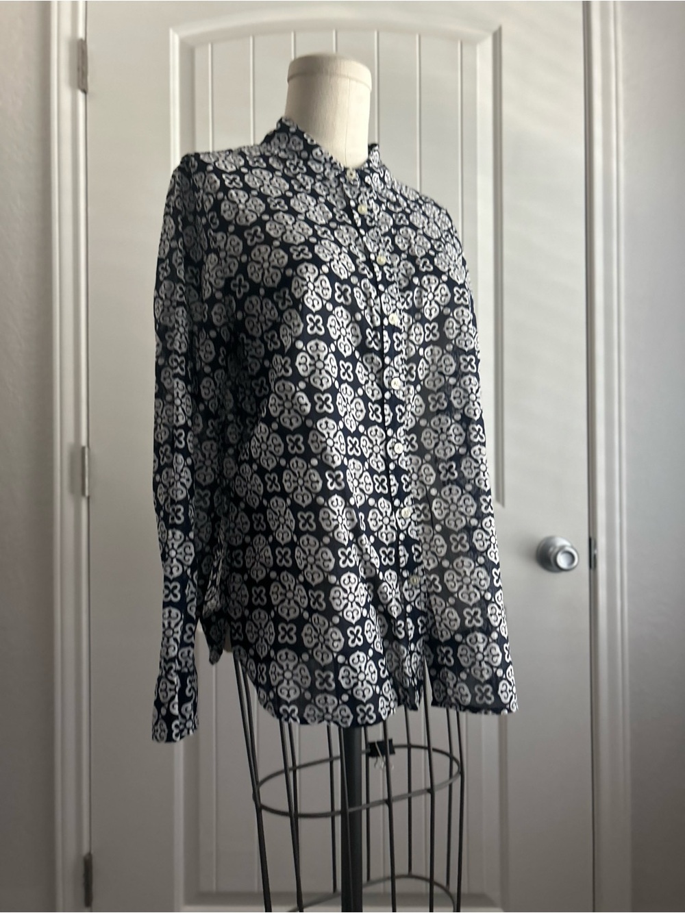 Talbots Navy & White Printed Button-Up Shirt Jacket